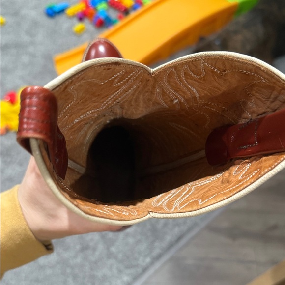 Dan Post Red Leather Heeled Boots with Yellow and Cream Accents - Picture 7 of 11